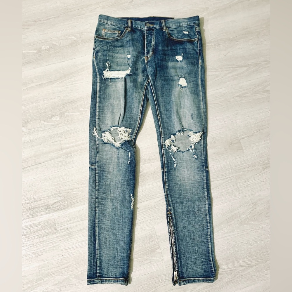 MNML Jeans Distressed Skinny Denim Blue Zipper Ankle Button Fly Pants Sz 34